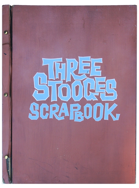 Moe Howard's ''Three Stooges Scrapbook'' & 2 Photos of the Stooges Holding Up one of the Scrapbooks on Their Show -- 17.5'' x 24.5'' Empty Book Has Moe's Name Stamped at Lower Right -- Damage to Spine